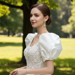 Princess Short Sleeve Ball Gown Satin Wedding Dress Bridal Gown - Rosymae
