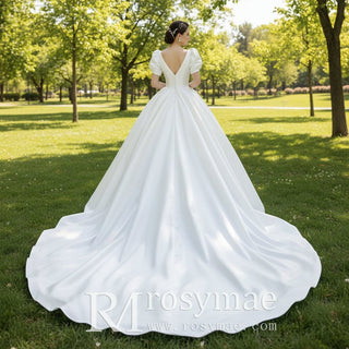 Princess Short Sleeve Ball Gown Satin Wedding Dress Bridal Gown - Rosymae
