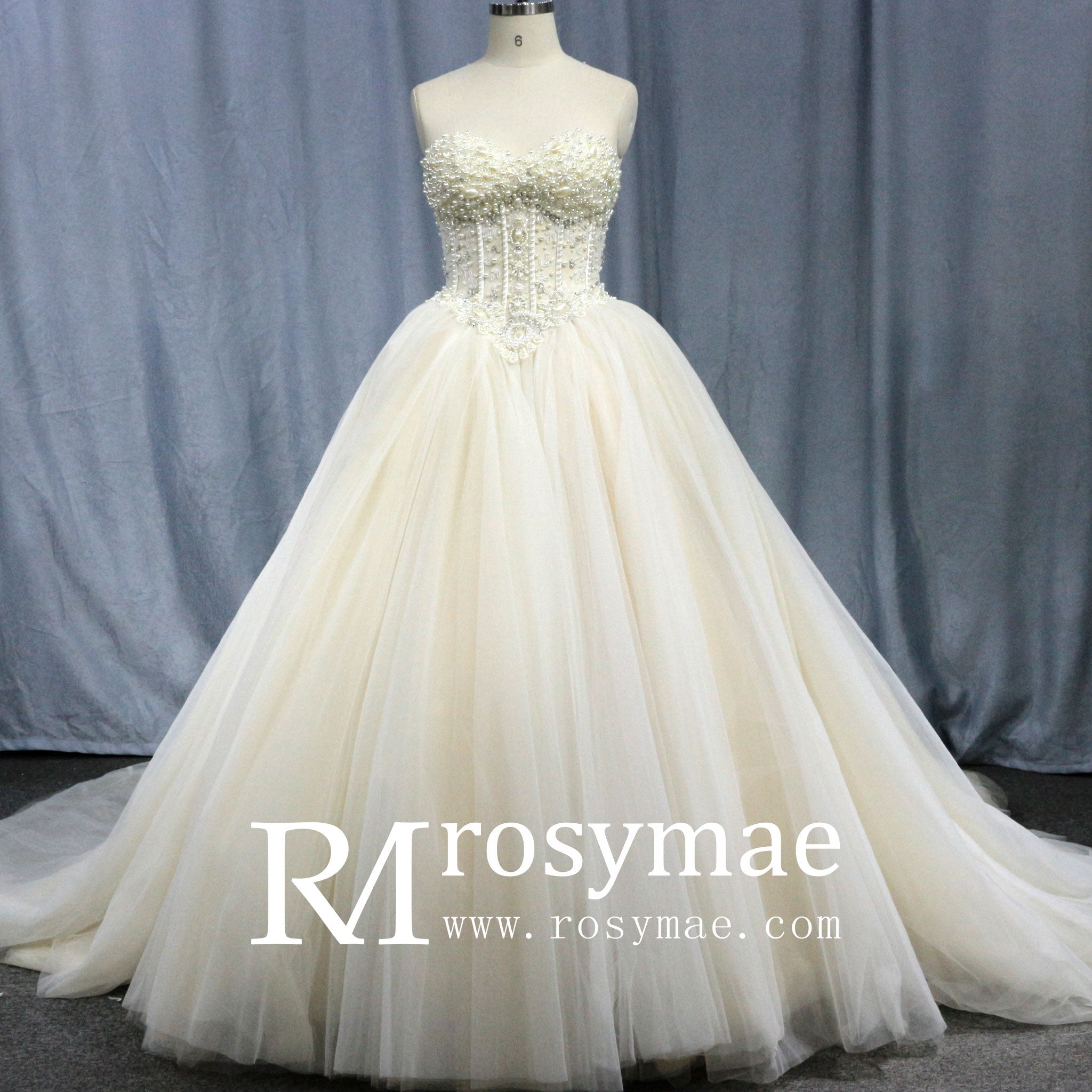 Princess Waist with Luxury Pearl Ball Gown Bride Wedding Dress - Rosymae