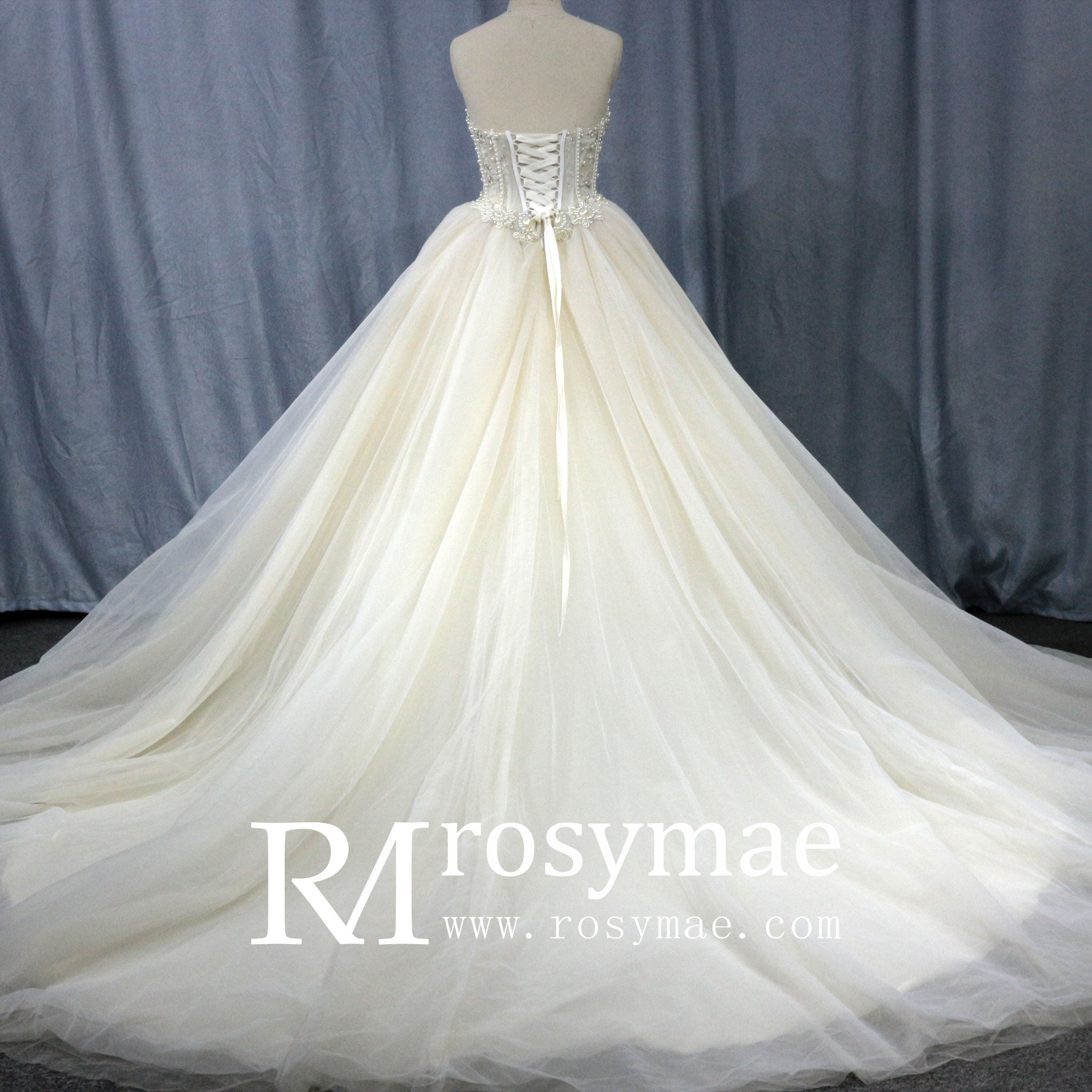 Princess Waist with Luxury Pearl Ball Gown Bride Wedding Dress - Rosymae