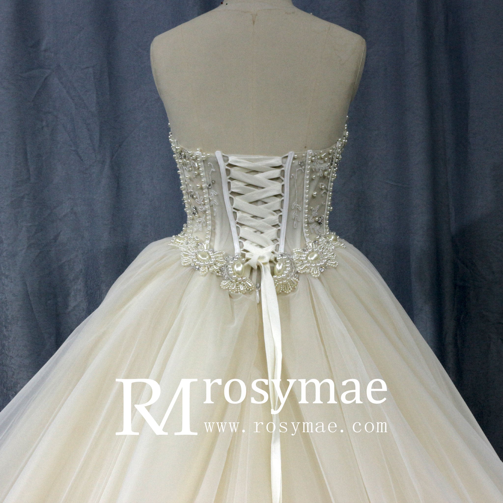 Princess Waist with Luxury Pearl Ball Gown Bride Wedding Dress - Rosymae