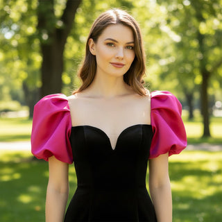Puff Cap Sleeve Pink and Black Bridesmaid Dress Evening Party Gown - Rosymae