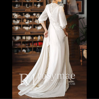 Half Puff Sleeve Chiffon Lace Sheath V-neck Bridal Wedding Dress