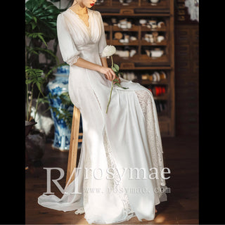 Half Puff Sleeve Chiffon Lace Sheath V-neck Bridal Wedding Dress