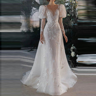 Lantern Sheer Long Sleeve Lace Wedding Dress with Low Back