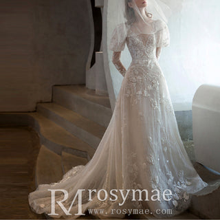 Lantern Sheer Long Sleeve Lace Wedding Dress with Low Back