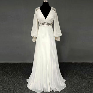 Elegant Double V-Neck Chiffon Wedding Dresses Lanter Long Sleeve