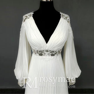 Elegant Double V-Neck Chiffon Wedding Dresses Lanter Long Sleeve