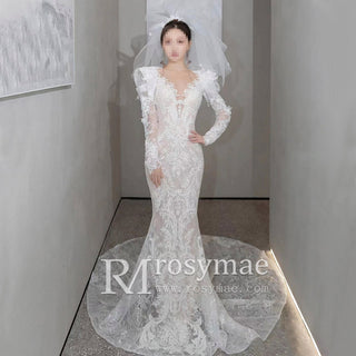 Long Puffy Sleeve Lace Mermaid Sheer Wedding Dress Bridal Gown