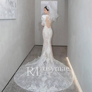 Long Puffy Sleeve Lace Mermaid Sheer Wedding Dress Bridal Gown
