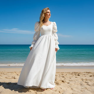 Puff Long Sleeve Wedding Dresses & Gowns with Queen-ann Neck - Rosymae