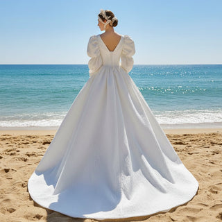 Puff Long Sleeve Wedding Dresses & Gowns with Queen-ann Neck - Rosymae