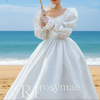 Puff Long Sleeve Wedding Dresses & Gowns with Queen-ann Neck - Rosymae