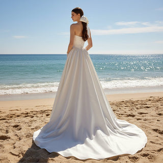 Puff One Shoulder Ruched Satin Bridal Gown Wedding Dress - Rosymae