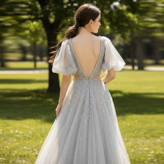 Puff Short Sleeve Boho Sequined Evening Dress Formal Gown - Rosymae