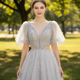 Puff Short Sleeve Boho Sequined Evening Dress Formal Gown - Rosymae