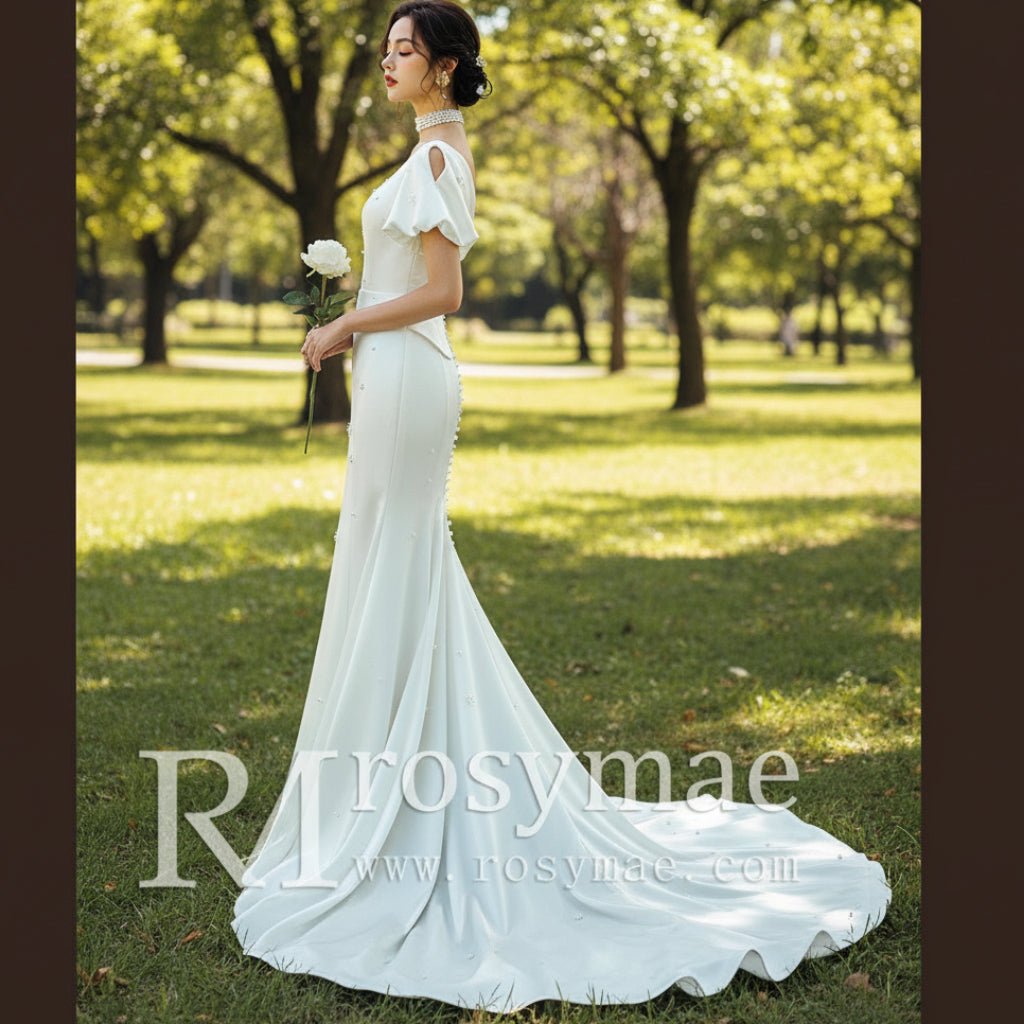 Puff Short Sleeve Fit Flare Satin Queen-anne Wedding Dress Bridal Gown - Rosymae