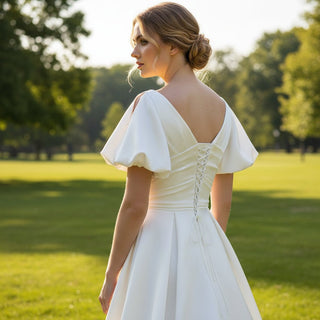 Puff Short Sleeve Fit Flare Satin Queen-anne Wedding Dress Bridal Gown - Rosymae