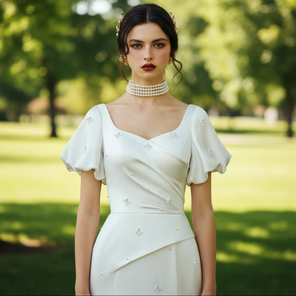 Puff Short Sleeve Fit Flare Satin Queen-anne Wedding Dress Bridal Gown - Rosymae