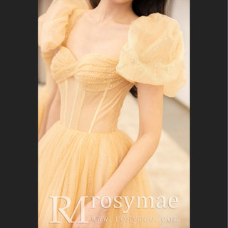 Short Puffy Sleeve Gold Formal Dress Prom Party Gown for Women