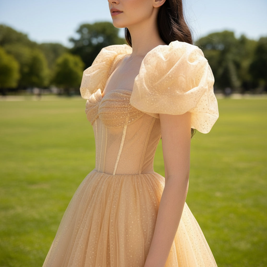 Short Puffy Sleeve Gold Formal Dress Prom Party Gown for Women Rosymae Short Puffy Sleeve Gold Formal Dress Prom Party Gown for Women Rosymae