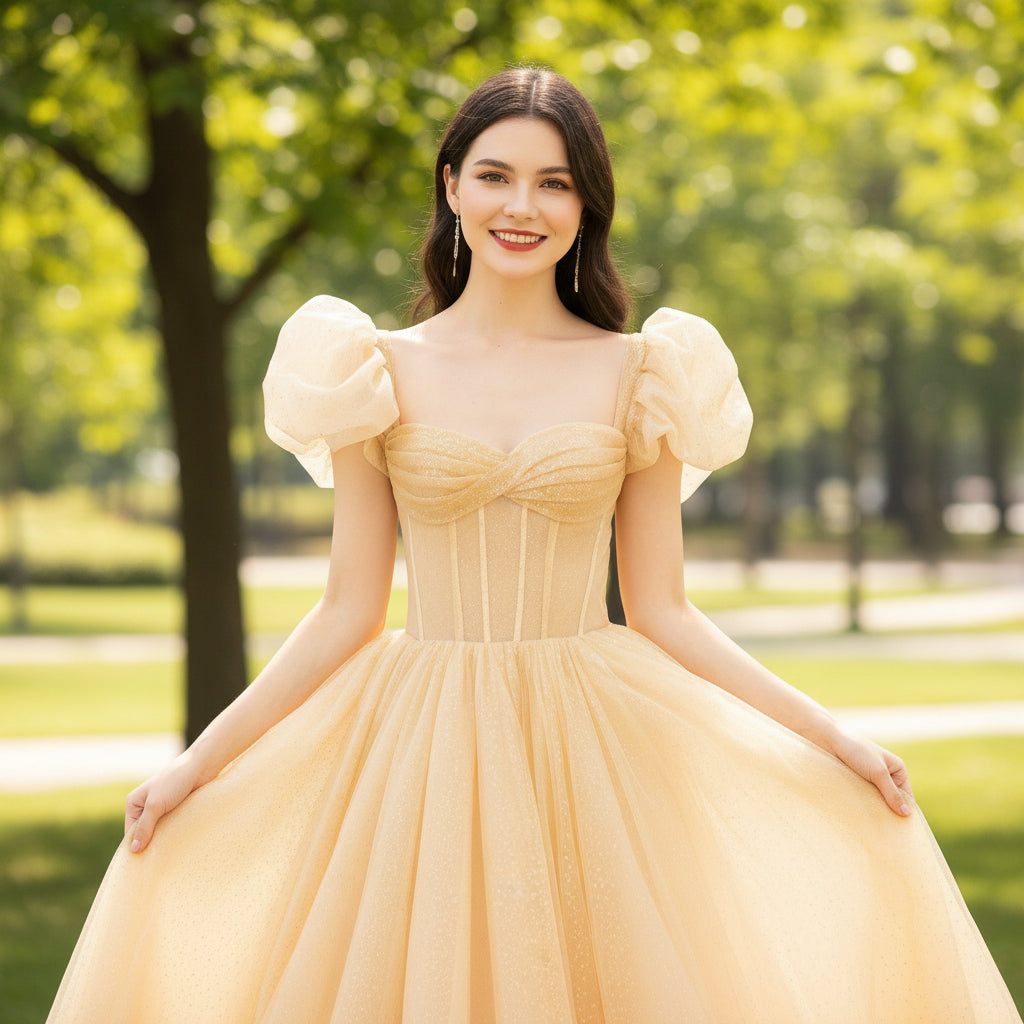 Short Puffy Sleeve Gold Formal Dress Prom Party Gown for Women Gold / 8 Short Puffy Sleeve Gold Formal Dress Prom Party Gown for Women Gold / 8