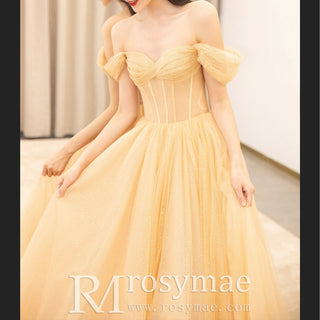 Short Puffy Sleeve Gold Formal Dress Prom Party Gown for Women