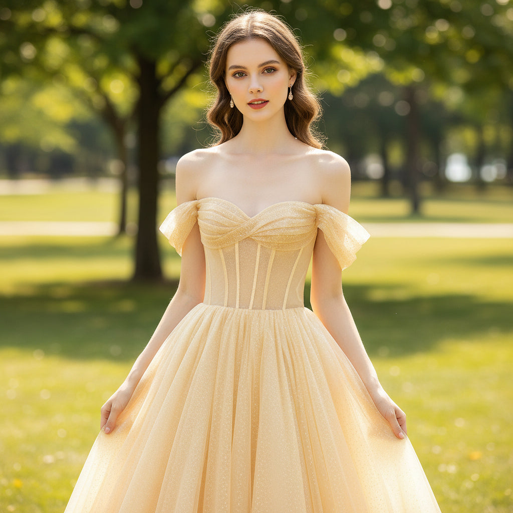 Short Puffy Sleeve Gold Formal Dress Prom Party Gown for Women Rosymae Short Puffy Sleeve Gold Formal Dress Prom Party Gown for Women Rosymae