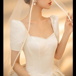 Puffy Short Sleeve Satin Wedding Dress with Square Neckline