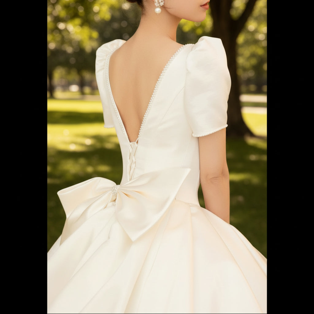 Puffy Short Sleeve Satin Wedding Dress with Queen-Anne Neckline White / 30W Puffy Short Sleeve Satin Wedding Dress with Queen-Anne Neckline White / 30W
