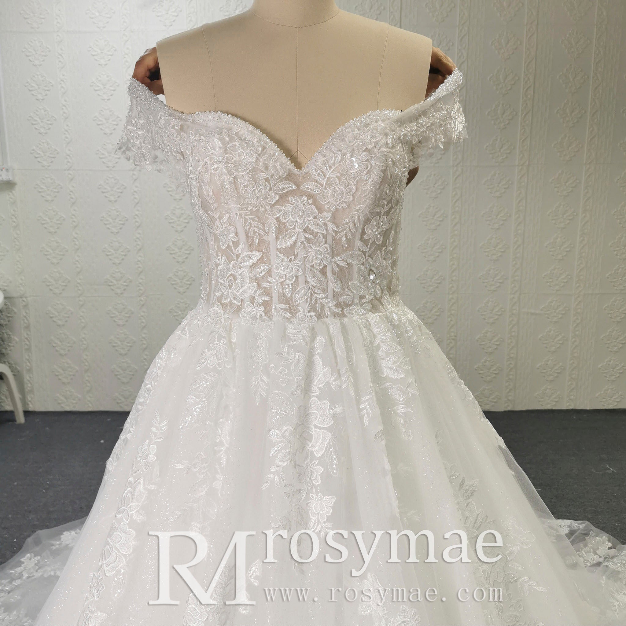 Puff Skirt Ball Gown Off Shoulder Wedding Dress with Long Train - Rosymae