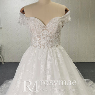 Puff Skirt Ball Gown Off Shoulder Wedding Dress with Long Train - Rosymae