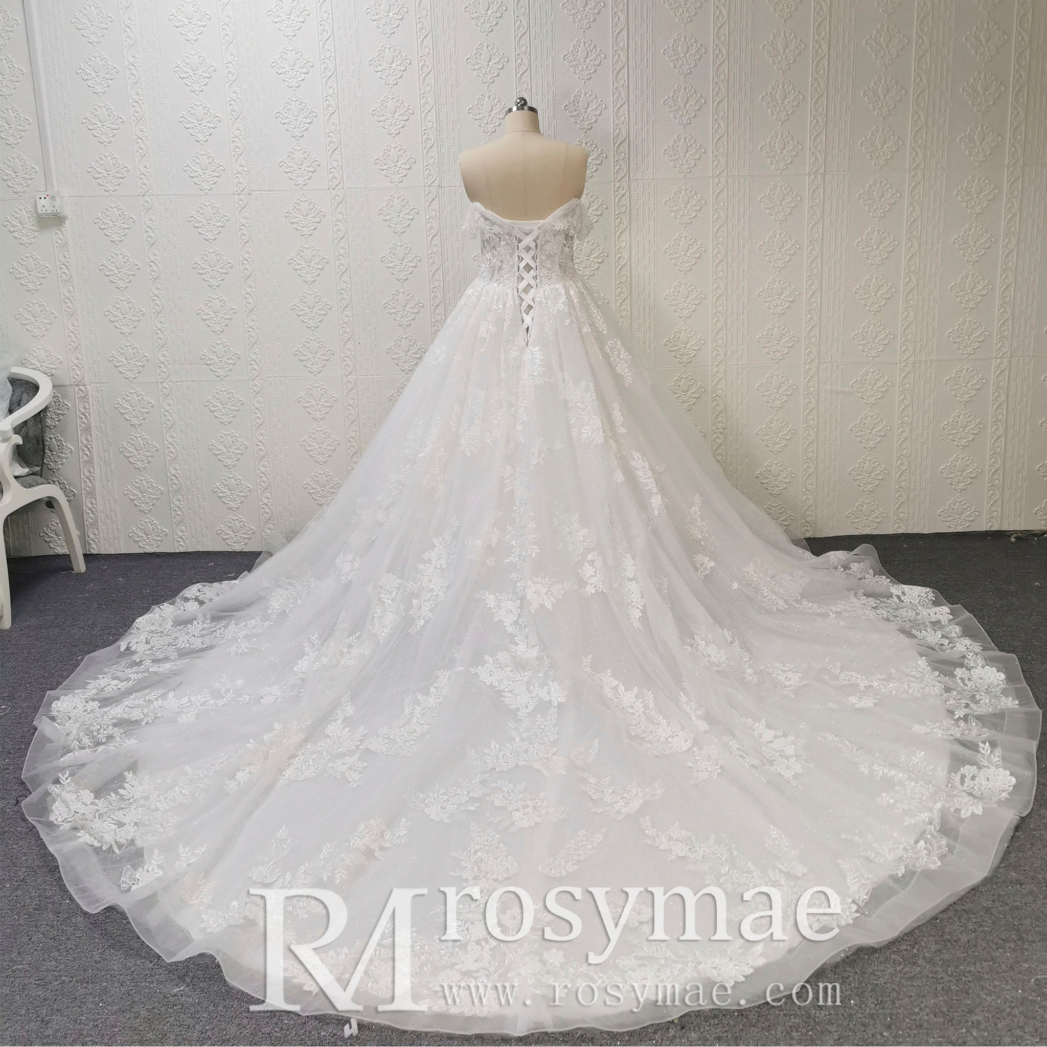Puff Skirt Ball Gown Off Shoulder Wedding Dress with Long Train - Rosymae