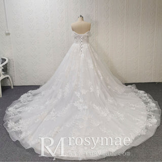 Puff Skirt Ball Gown Off Shoulder Wedding Dress with Long Train - Rosymae
