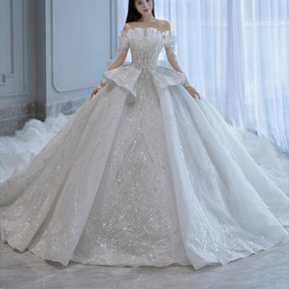 Beaded Ball Gown Wedding Dress Bridal Gown with Long Train