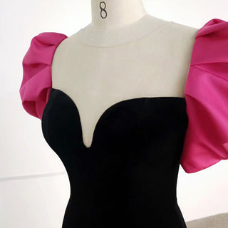 Puff Cap Sleeve Pink and Black Bridesmaid Dress Evening Party Gown