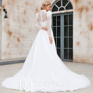 Puff Sleeve Wedding Dresses & Gowns with High Sheer Neck and Back - Rosymae