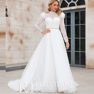 Puff Sleeve Wedding Dresses & Gowns with High Sheer Neck and Back - Rosymae