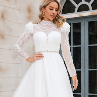 Puff Sleeve Wedding Dresses & Gowns with High Sheer Neck and Back - Rosymae