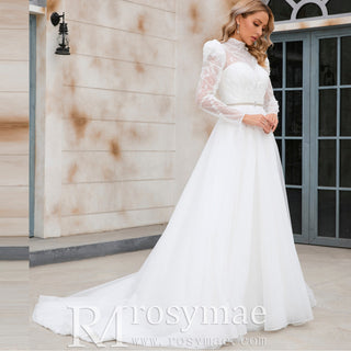 Puff Sleeve Wedding Dresses & Gowns with High Sheer Neck and Back - Rosymae