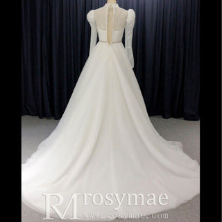 Puff Sleeve Wedding Dresses & Gowns with High Sheer Neck and Back - Rosymae