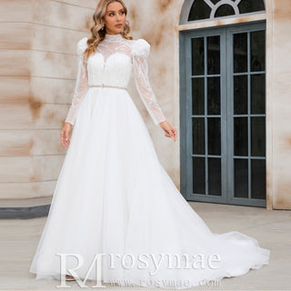 Puff Sleeve Wedding Dresses & Gowns with High Sheer Neck and Back - Rosymae