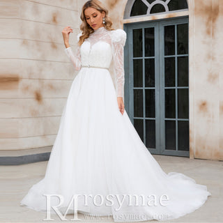 Puff Sleeve Wedding Dresses & Gowns with High Sheer Neck and Back - Rosymae