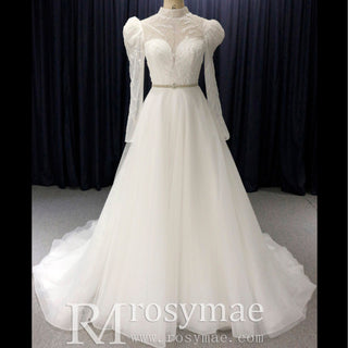 Puff Sleeve Wedding Dresses & Gowns with High Sheer Neck and Back - Rosymae
