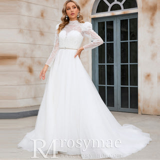 Puff Sleeve Wedding Dresses & Gowns with High Sheer Neck and Back - Rosymae