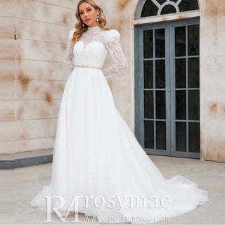 Puff Sleeve Wedding Dresses & Gowns with High Sheer Neck and Back - Rosymae