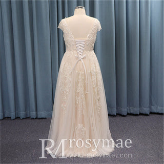Capped Sleeve V-neck A-line Lace Plus Size Wedding Dress