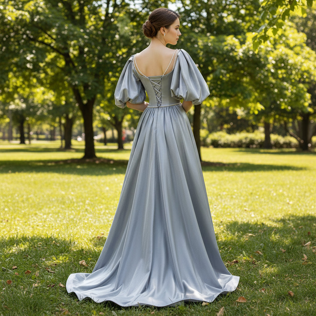 Puffy Sleeve Baby Blue Formal Dress Prom Party Gown with Pearls Rosymae Puffy Sleeve Baby Blue Formal Dress Prom Party Gown with Pearls Rosymae