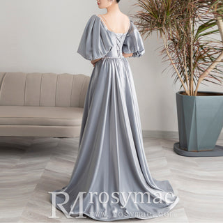 Puffy Sleeve Baby Blue Formal Dress Prom Party Gown with Pearls