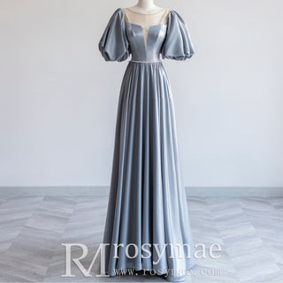 Puffy Sleeve Baby Blue Formal Dress Prom Party Gown with Pearls